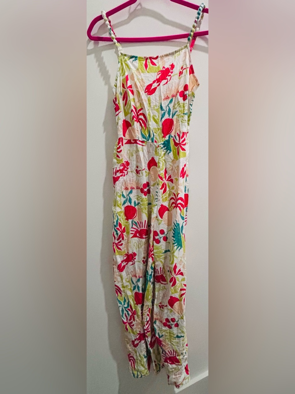 Japna Tropical Print Spaghetti Strap Jumpsuit in White, Red, Green
